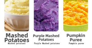 Détails de la texture des purées de pomme de terre, patate douce et potiron