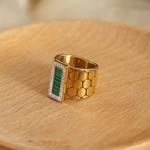Gold titanium steel ring with green malachite stone and honeycomb texture