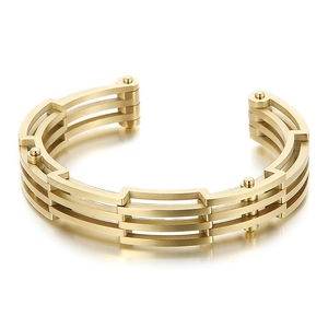 Three-layer hollow golden titanium steel cuff bracelet with industrial geometric design