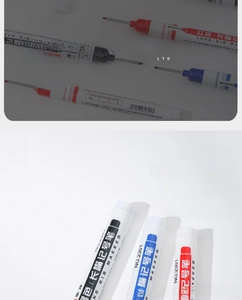 Waterproof long-tip marker pens in black, blue, and red for deep hole woodworking marking