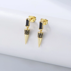 925 Sterling Silver Earring Post Cone Dangle Earrings Black Zircon Geometric Punk Rock Hip Hop Jewelry For Women