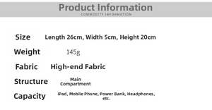 Detailed bag specifications showing dimensions 26x5x20cm, weight 145g and large capacity
