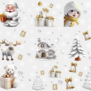 3D Christmas window stickers featuring Santa, Snowman, and reindeer in gold and white