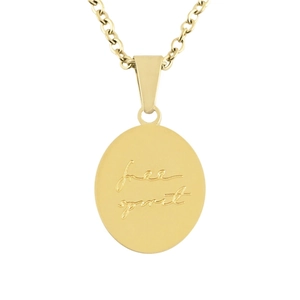 Close-up of golden oval pendant with free spirit engraving on a minimalist chain