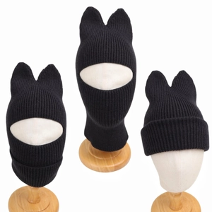 Kids Cat Ear Balaclava Hat Acrylic Ribbed Knit Windproof Full Face Mask Neck Warmer Winter Warm Cap For Boys Girls