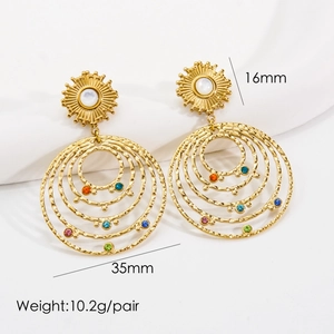 Detail of 14K gold bohemian earrings showing 35mm multi-color stones and dimensions