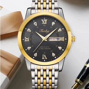 Detail of a business watch with gold-tone bezel, Roman numerals, and dual-date display window