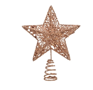 Detail of glittered star tree topper in champagne gold with spiral metal base stand