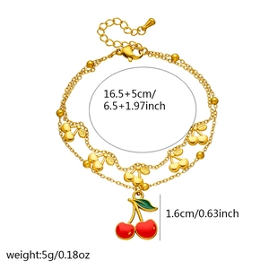 Golden double-layer stainless steel bracelet with red enamel cherry charms for women