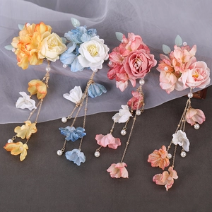 Ancient Hanfu Style Side Hair Clips With Detachable Satin Fabric Flowers Faux Artificial Pearl Long Tassels Elegant Traditional Headpiece