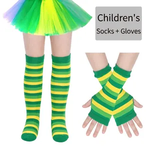 Kids green and yellow striped knit arm warmers and matching knee high socks set
