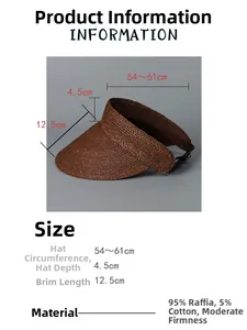 Detailed size specifications for a brown raffia sun visor with 12.5cm wide brim