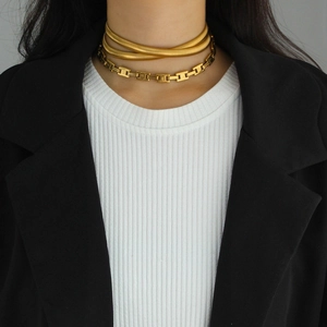 Trendy Stainless Steel Layered Necklace For Women 18k Gold Plated Geometric Snake Chain H Link Double Layer Choker Jewelry
