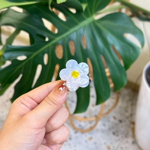 Mini acrylic white daisy flower hair claw clip held by hand with green plant background