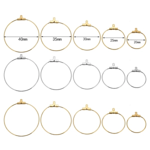 Stainless steel round hoop earring findings in gold and silver, sizes 20mm to 40mm