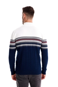 Detail view of navy blue men's sweater featuring geometric ethnic patterns on the back
