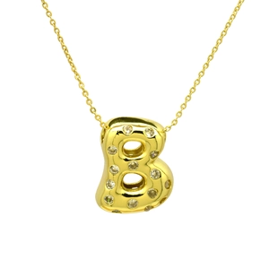 Detail of gold balloon letter B pendant necklace with micro-inlaid sparkling zircons