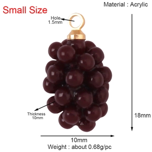 Detail view of a grape shaped acrylic charm with precise size and weight measurements