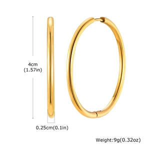 Detailed view of gold hoop earrings showing 4cm diameter and 0.25cm thickness dimensions