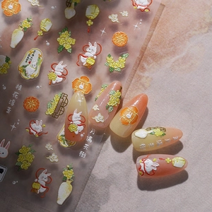3D embossed nail stickers featuring white rabbits and osmanthus for Chinese style nail art