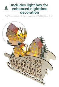 Detail of illuminated wooden sleigh advent calendar with 24 numbered drawers and LED lights