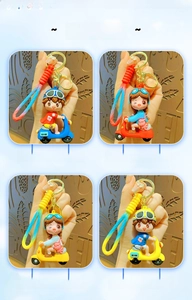 Detail showing four styles of cartoon figures on scooters with braided wrist straps
