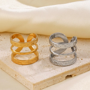Three-layer 18K gold plated stainless steel open ring with textured hammered surface