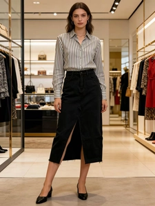 Detail of high waist black denim long skirt with front slit and raw hem edges