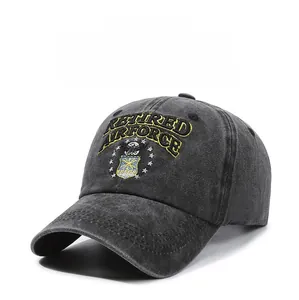 Detail of vintage washed cotton baseball cap with yellow Retired Air Force embroidery