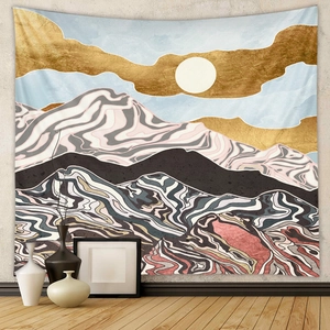 Detail of modern abstract mountain tapestry with sun in a minimalist home setting