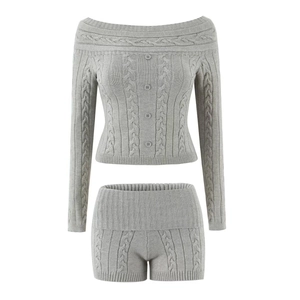 Pull À Épaules Dénudées À Torsades Pour Femmes Et Short Assorti Streetwear Décontracté En Polyester