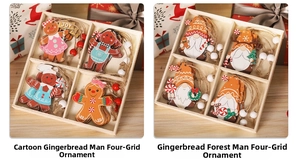 Close-up of 12-piece wooden gingerbread man and gnome Christmas tree hanging ornaments