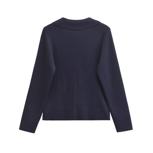 Back view of a navy blue long-sleeved knitted cardigan with a clean, flat cut design