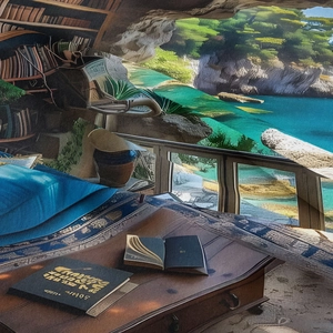 Detailed fabric texture of a surrealist tapestry blending library and coastal landscape