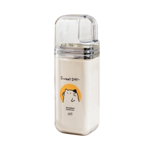 Portable white and clear wash cup for travel featuring a cute yellow cat illustration