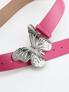 Pink faux leather belt with a large silver butterfly metal buckle for women's fashion