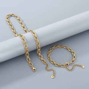 18K gold-plated stainless steel chain set with textured round and oval links