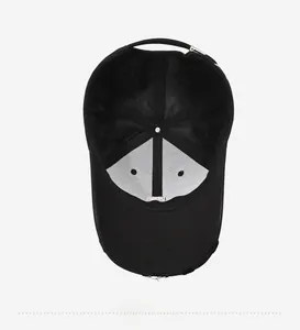 Detailed interior of a black baseball cap showing the six-panel stitching and top button
