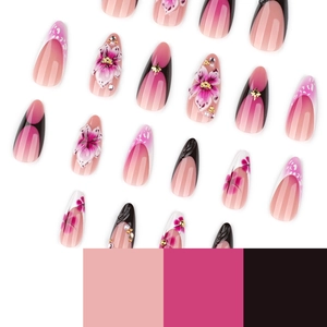 Set de faux ongles français noirs avec fleurs 3D, strass et perles sur fond blanc pur
