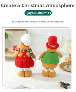 Detail of retractable gingerbread man plush dolls with festive knitted outfits and accessories