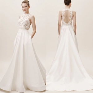 Elegant Women White Lace Halter Wedding Dress Sleeveless Satin Backless A-Line Bridal Gown With Pocket Button Detail