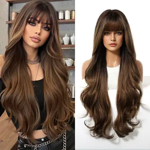 Detail view of long ombre wavy wig with bangs showing natural fiber texture and volume