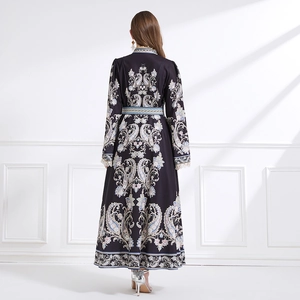 Vintage high-neck paisley floral print maxi dress with long sleeves and belted waist
