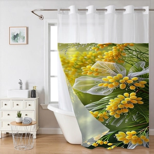 Detailed view of yellow mimosa print on dual-layer waterproof floral bath curtain