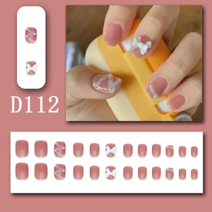 Pink press-on nails with 3D white bows and pearl accents, 24 pieces set shown in detail