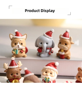 Close-up of hand-painted resin Christmas miniature animals with festive hats and details