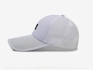 Side view of white mesh baseball cap featuring a breathable design and black logo patch