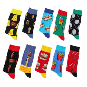 Colorful cotton socks set with burger, fries and hot dog patterns on white background