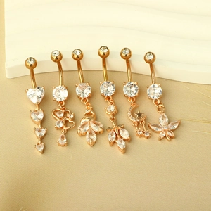 Detailed set of six rose gold navel rings with various zircon heart and floral pendants