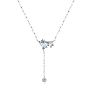 S925 sterling silver Y-shaped necklace with emerald-cut gems and geometric pendant